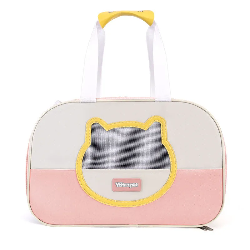 Blue foldable cat carrier backpack showing side view and shoulder straps.