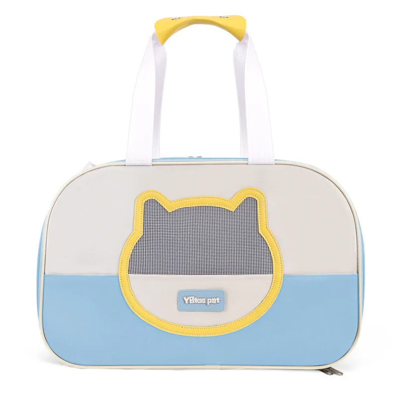 Blue foldable cat carrier backpack showing side view and shoulder straps.