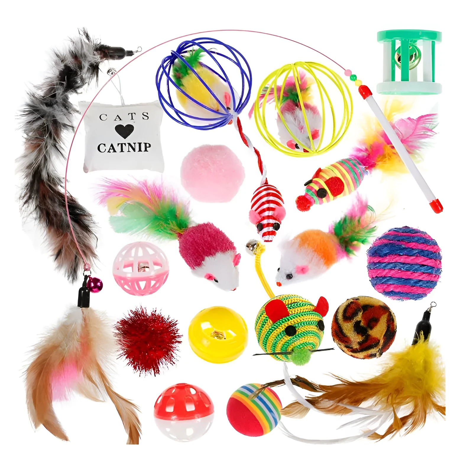 Pet cat toy set with cat stick mouse and sisal ball in multicolor random assortment for indoor cats.