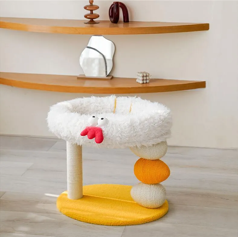 Yellow multifunctional cat climbing frame with jute rope scratching post, non-drop crumbs design, 40x49x43cm