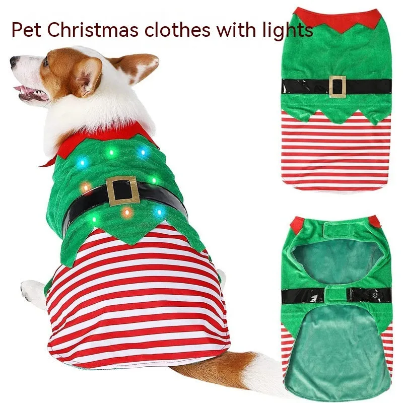 Green elf pet costume for dogs made from cotton, available in sizes XS to XXL, with or without attached light