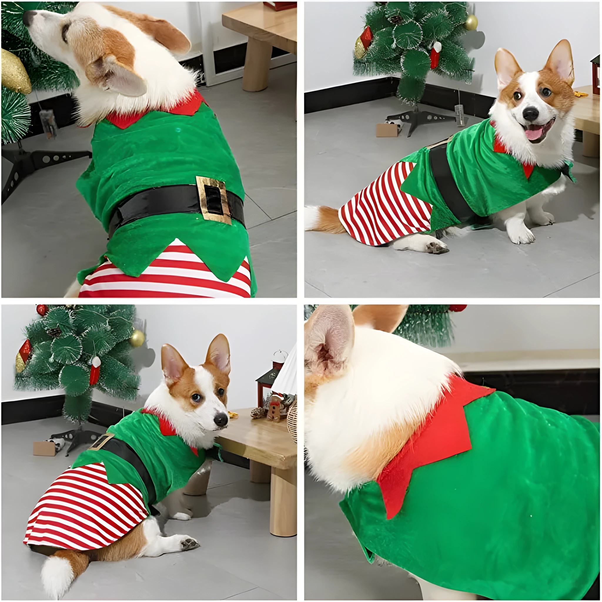 Green elf pet costume for dogs made from cotton, available in sizes XS to XXL, with or without attached light