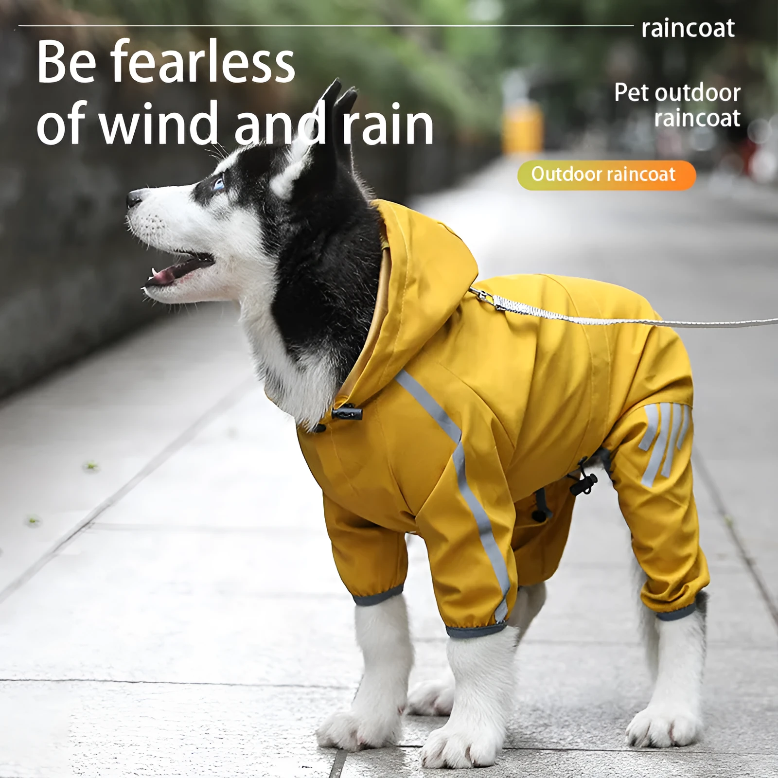 Cape-style purple reflective stripe dog raincoat for large dogs in polyester fabric