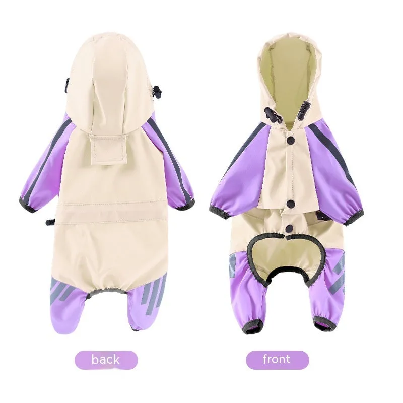Cape-style purple reflective stripe dog raincoat for large dogs in polyester fabric