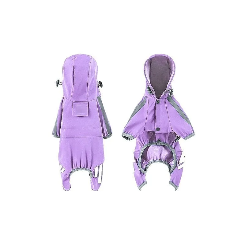 Cape-style purple reflective stripe dog raincoat for large dogs in polyester fabric