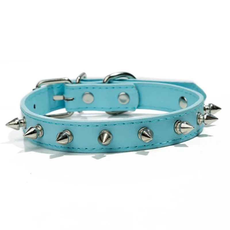 Studded black PU leather dog collar with metal studs and alloy buckle on a grey background.