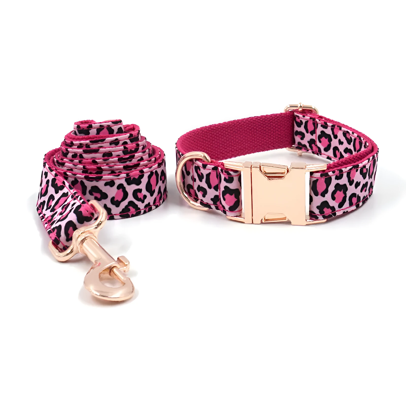 Leopard print rose gold dog collar and leash set on a white background, showing collar and attached leash