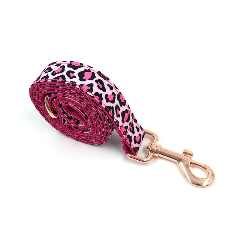 Leopard print rose gold dog collar and leash set on a white background, showing collar and attached leash