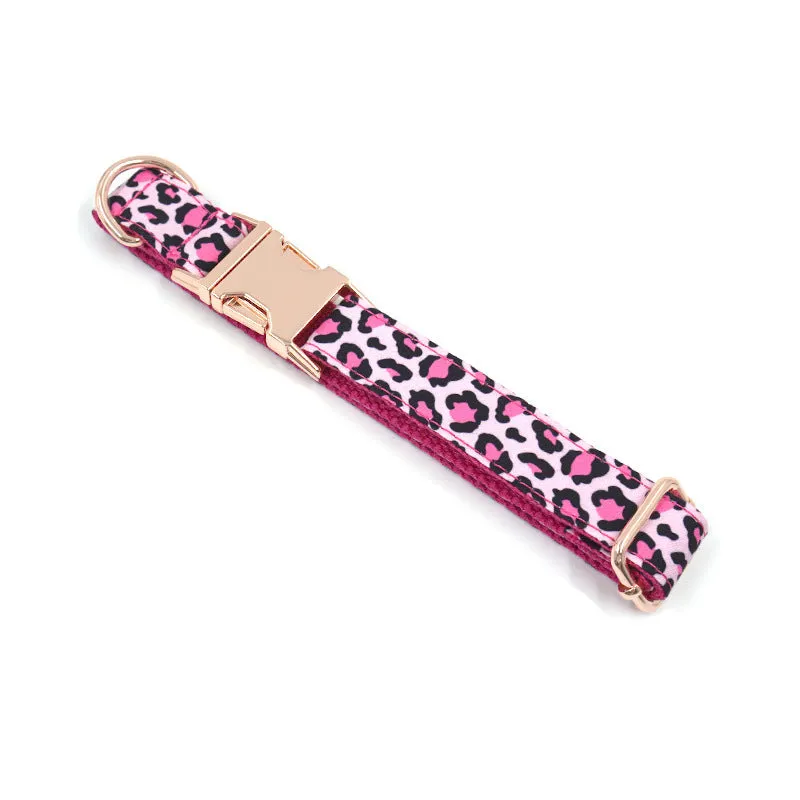 Leopard print rose gold dog collar and leash set on a white background, showing collar and attached leash