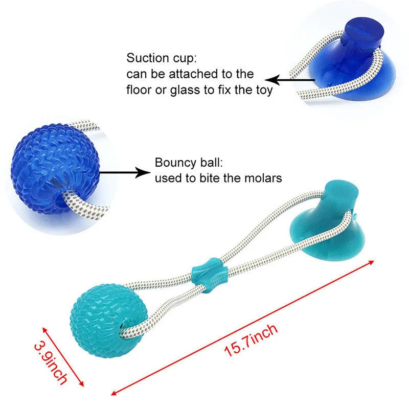 Pet dog rubber sucker molar toy in five colours blue green orange purple red on a light background