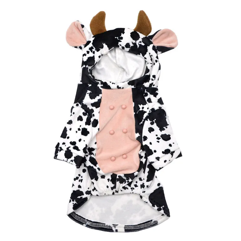 Black and white cow-shaped velvet dog costume on a pet, creative outfit with three size options S M L