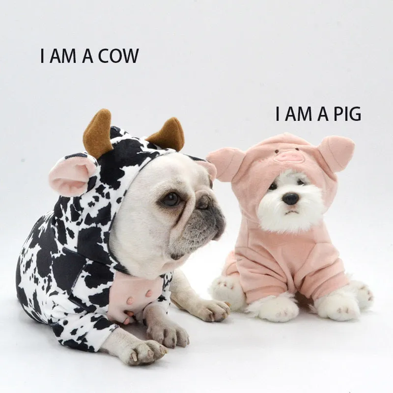 Black and white cow-shaped velvet dog costume on a pet, creative outfit with three size options S M L