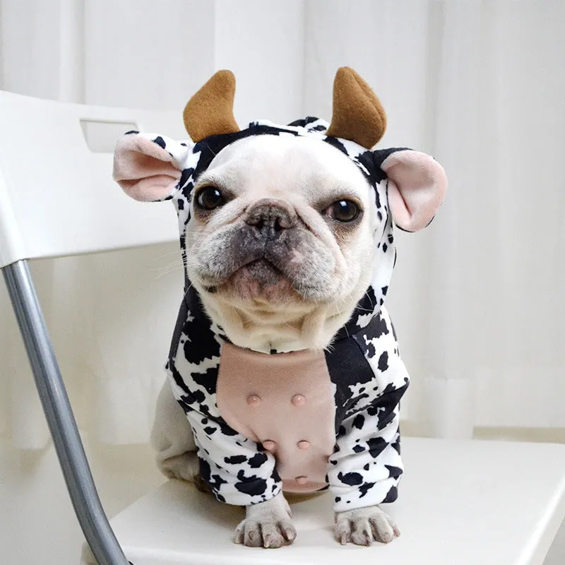 Black and white cow-shaped velvet dog costume on a pet, creative outfit with three size options S M L