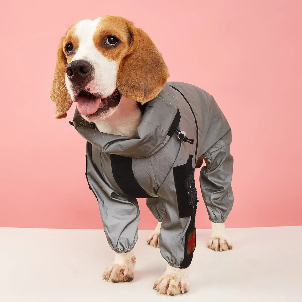Silver reflective four-legged large dog raincoat made of PU coated polyester