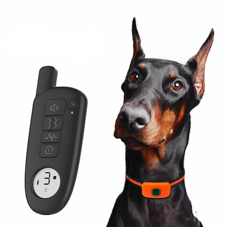 Dog training device with LED digital display, remote control, and silicone sleeve in black