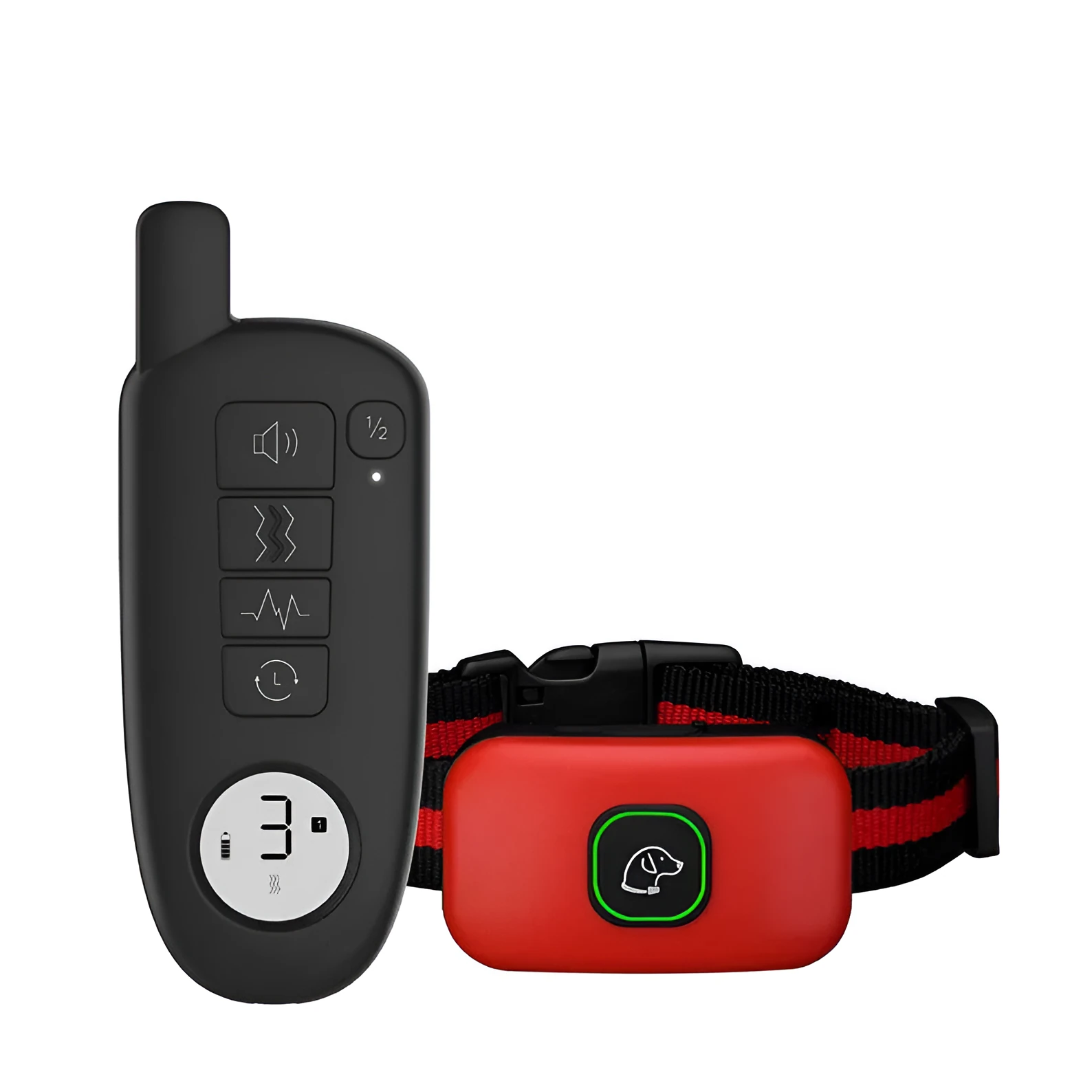 Dog training device with LED digital display, remote control, and silicone sleeve in black