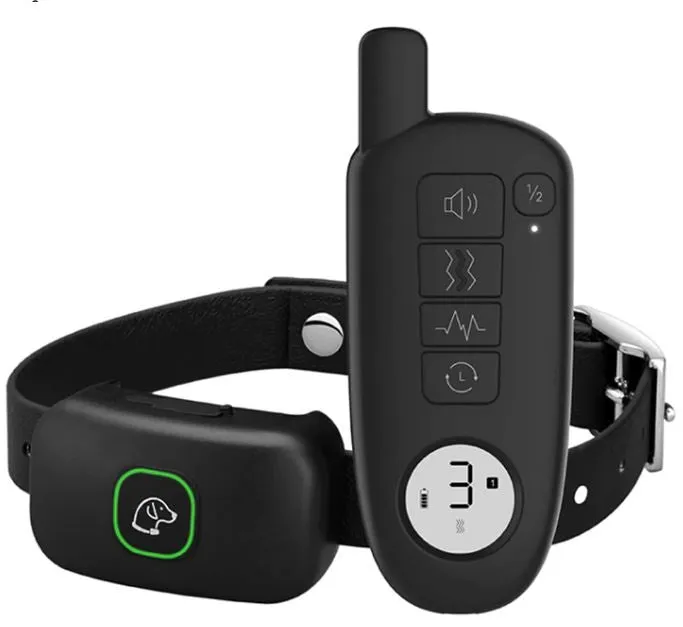 Dog training device with LED digital display, remote control, and silicone sleeve in black