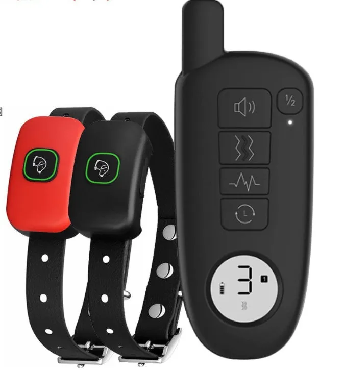 Dog training device with LED digital display, remote control, and silicone sleeve in black