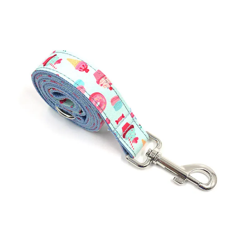 Macaron pet collar leash set with cartoon pattern on polyester for dogs sizes XS to XL