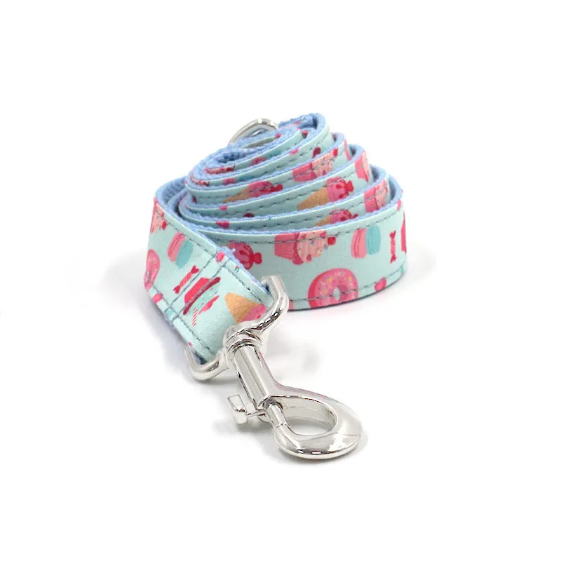 Macaron pet collar leash set with cartoon pattern on polyester for dogs sizes XS to XL