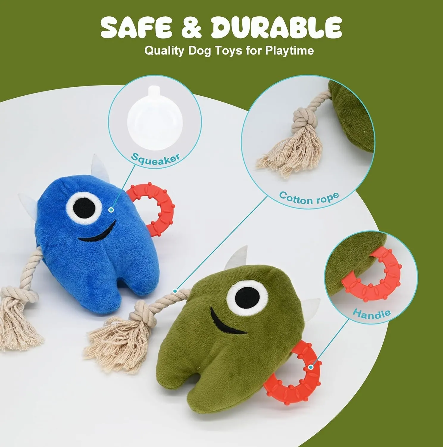 Blue and green plush dog chew toy with integrated cotton rope and squeaker.