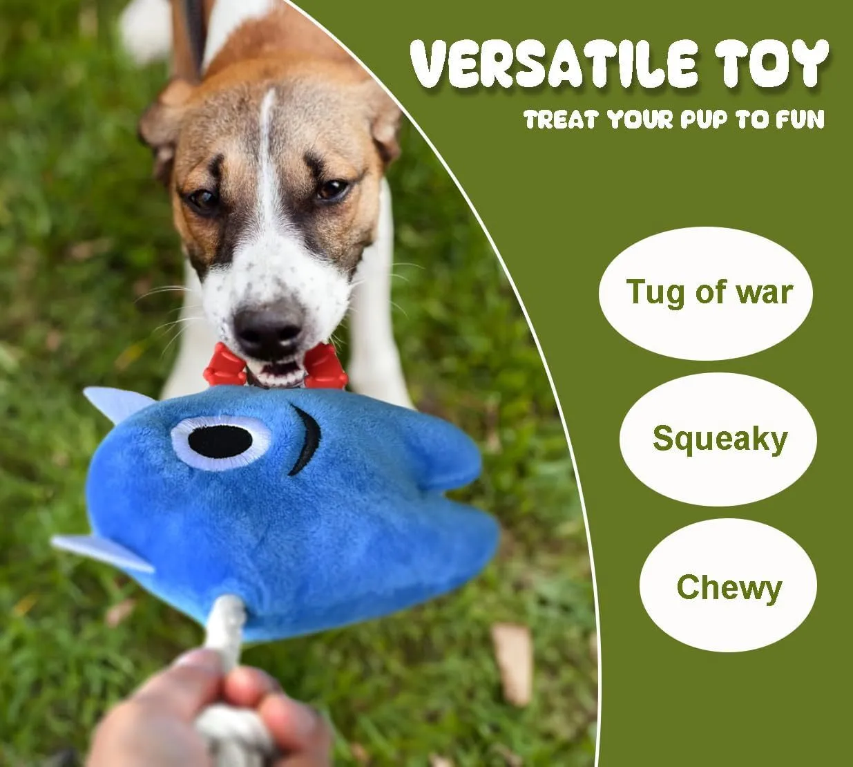 Blue and green plush dog chew toy with integrated cotton rope and squeaker.
