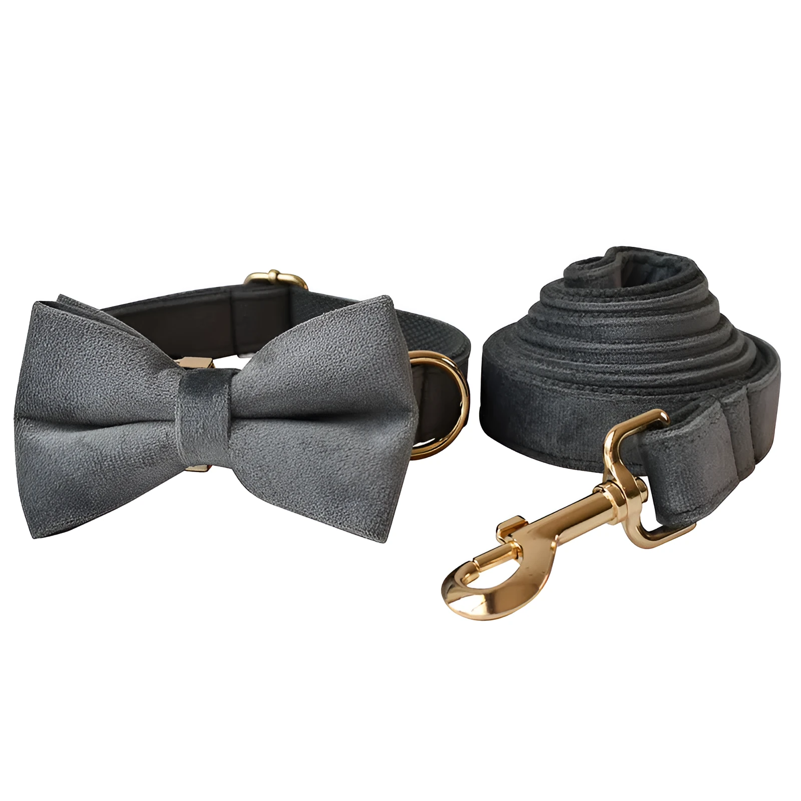 Silver grey polyester dog leash and collar set with alloy carabiner and bow detail on wooden floor