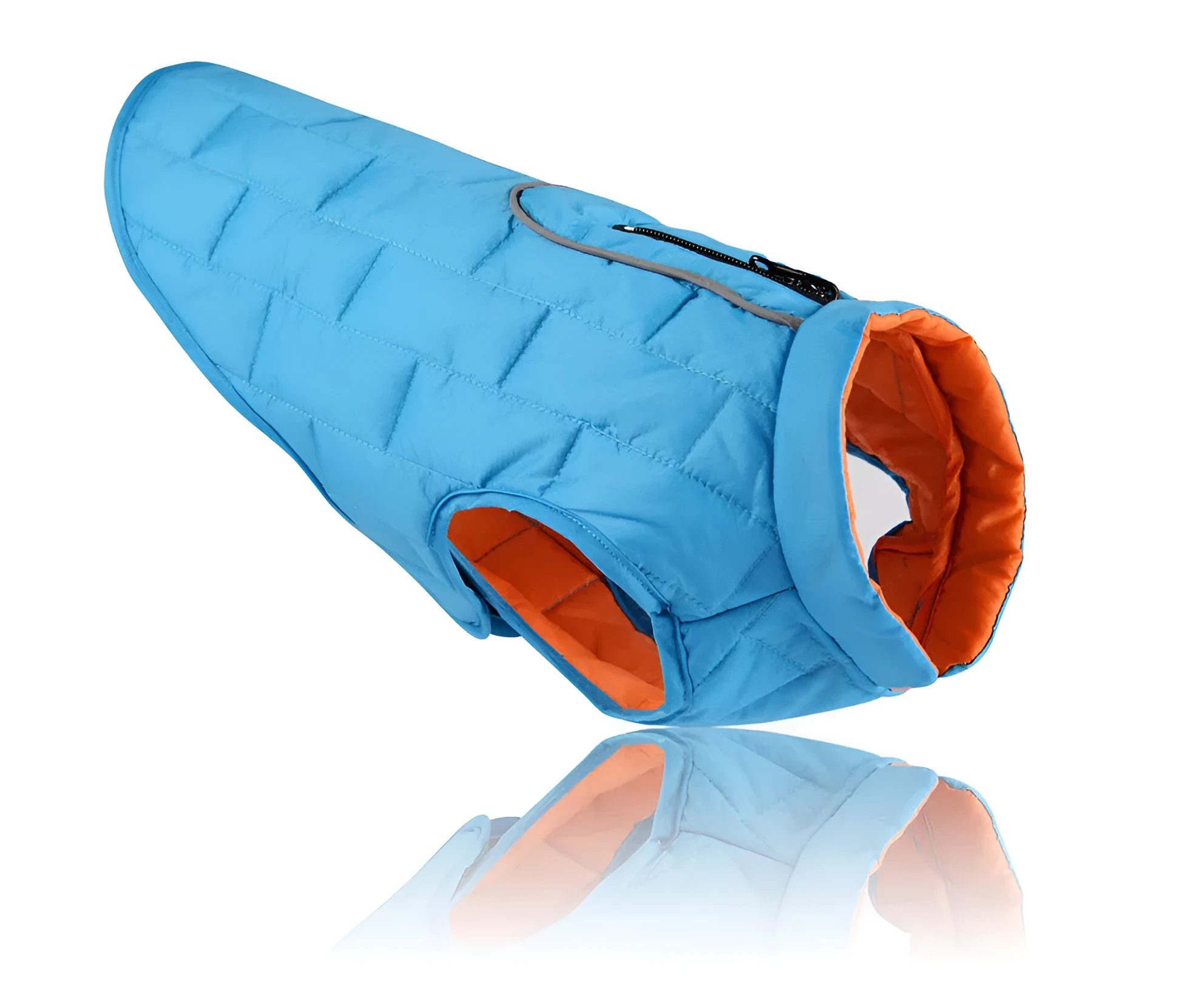 Waterproof reflective dog jacket in red, blue, and purple on a white background, polyester material, five sizes
