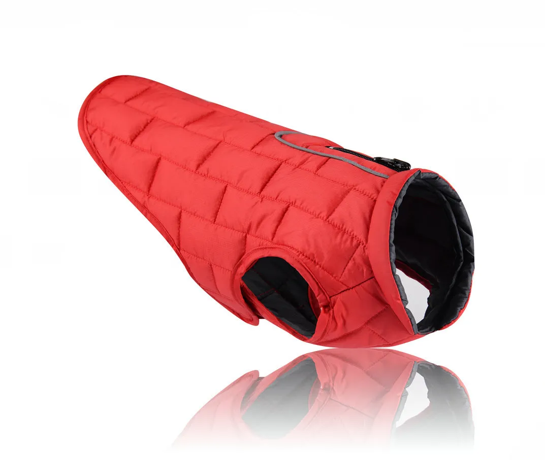 Waterproof reflective dog jacket in red, blue, and purple on a white background, polyester material, five sizes