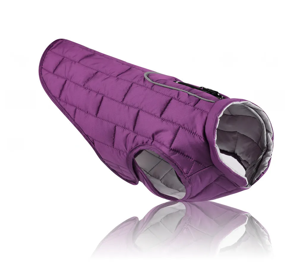 Waterproof reflective dog jacket in red, blue, and purple on a white background, polyester material, five sizes
