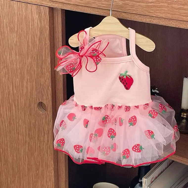 Cute mesh strawberry strap dog dress in pink strawberry colour, sweat cloth material