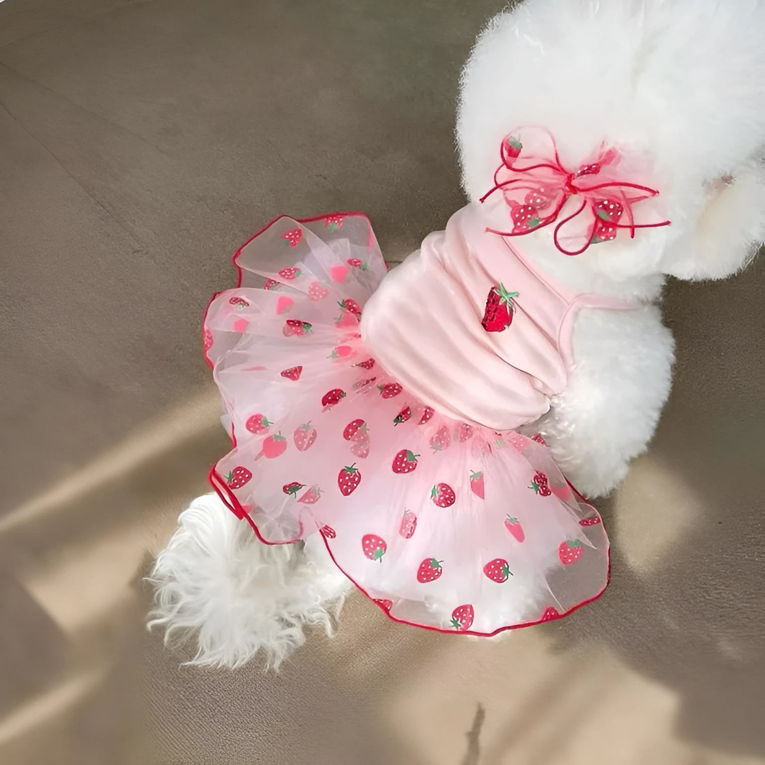 Cute mesh strawberry strap dog dress in pink strawberry colour, sweat cloth material