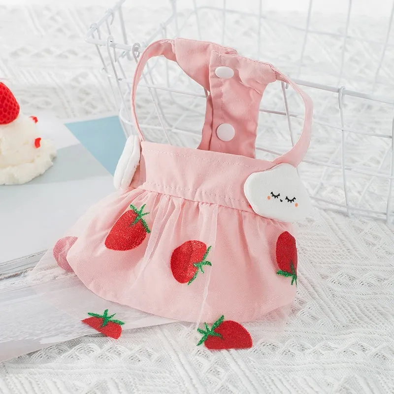Cute mesh strawberry strap dog dress in pink strawberry colour, sweat cloth material