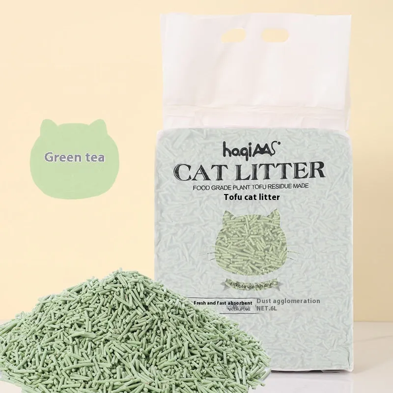 Original Tofu Cat Litter 6L Green Tea scent in a bag with green leaf design, plant-based clumping cat litter