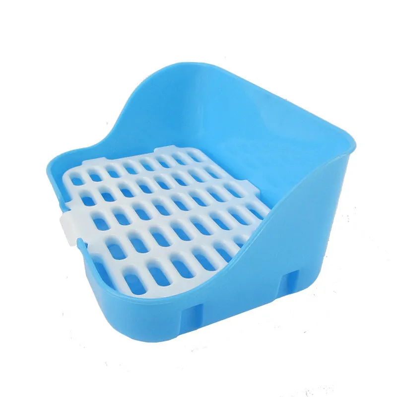 Large rectangular rabbit toilet in blue, measuring 30cm by 22cm by 16cm, with a shovel and garbage bag beside it on a surface
