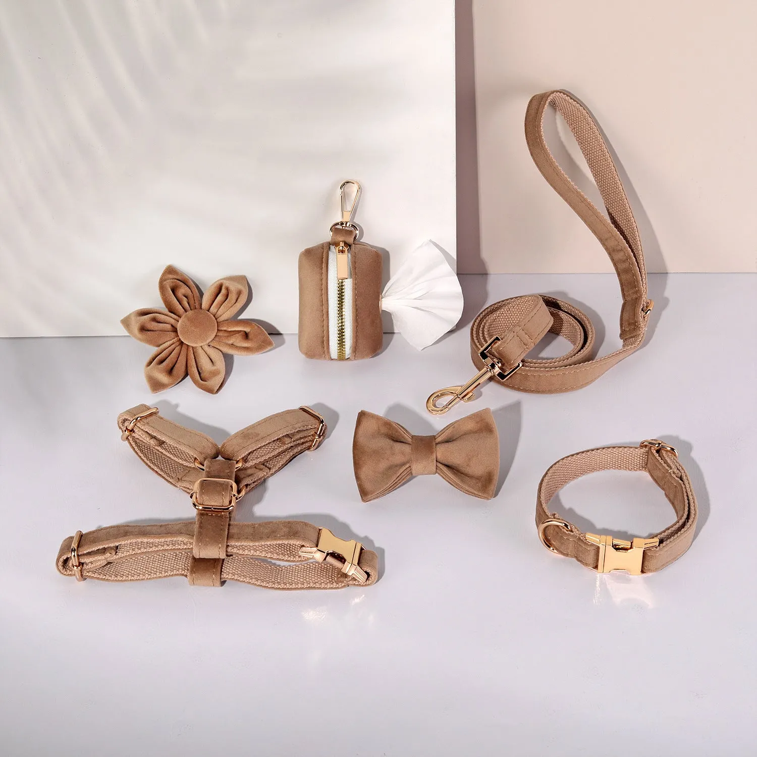Soft velvet dog collar and leash set with chest strap, bow tie, and flower in assorted colours.