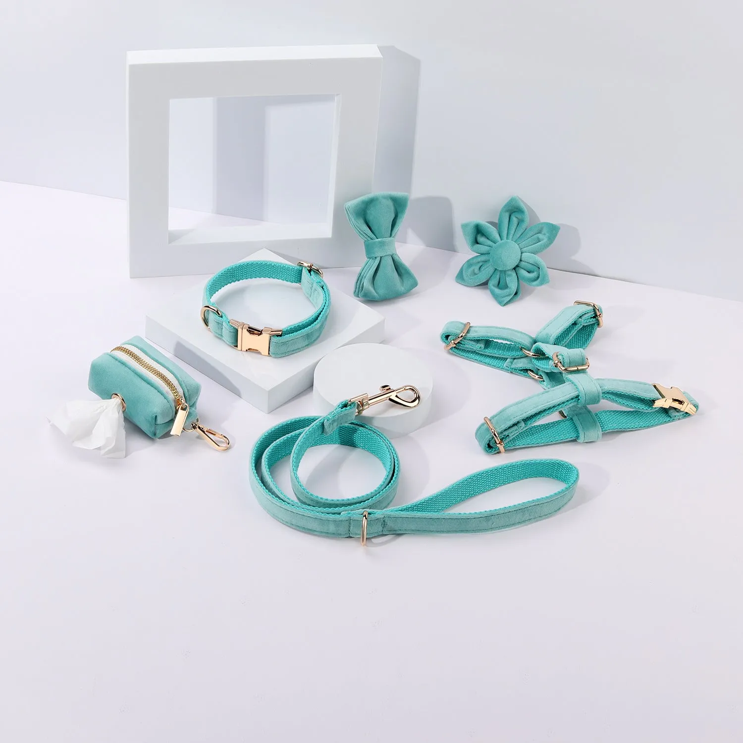 Soft velvet dog collar and leash set with chest strap, bow tie, and flower in assorted colours.