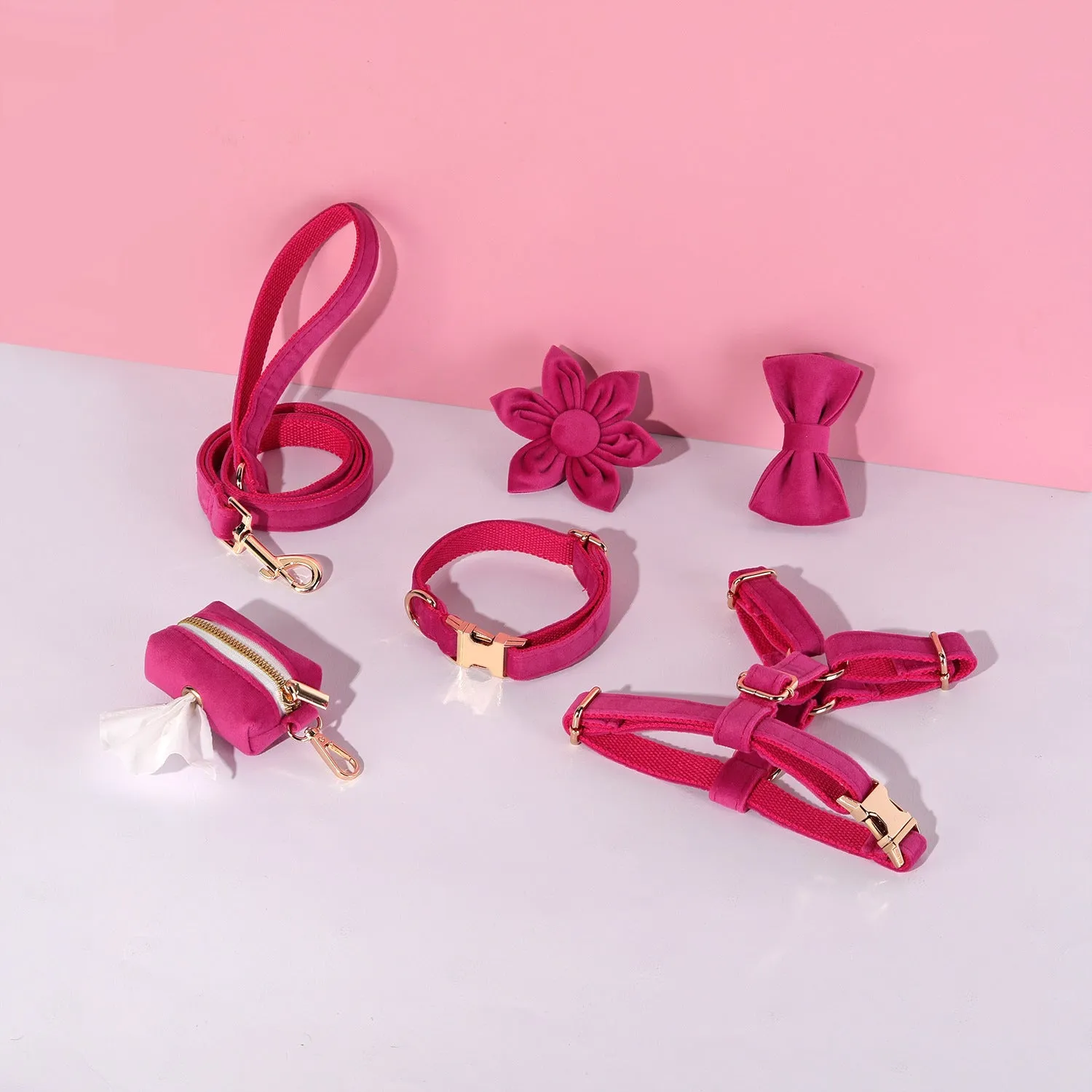 Soft velvet dog collar and leash set with chest strap, bow tie, and flower in assorted colours.