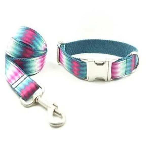 Pattern dog collar colour ribbon traction set in green polyester webbing on white background
