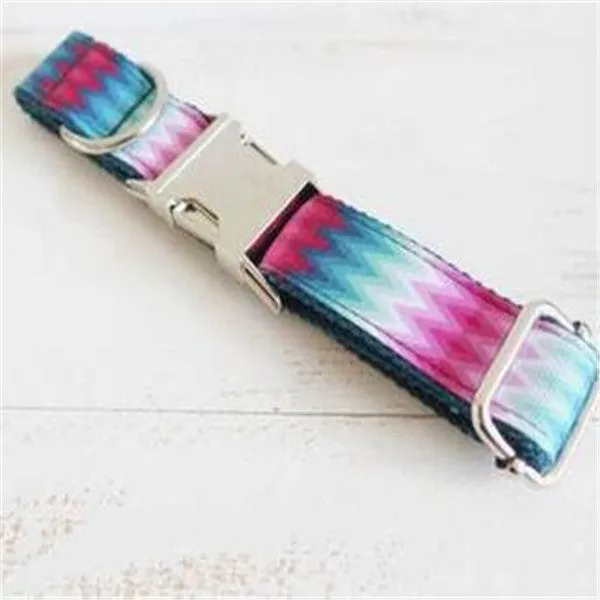 Pattern dog collar colour ribbon traction set in green polyester webbing on white background