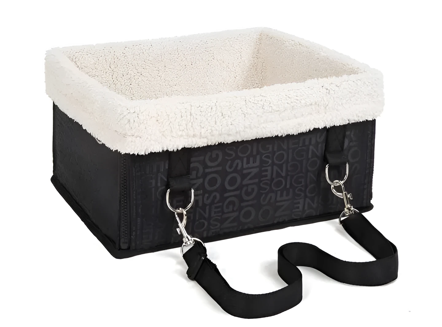 Foldable pet car seat bag in beige with lambswool lining and Oxford cloth exterior on car seat