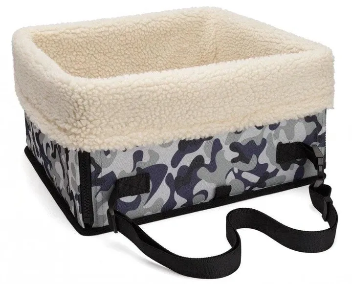 Foldable pet car seat bag in beige with lambswool lining and Oxford cloth exterior on car seat