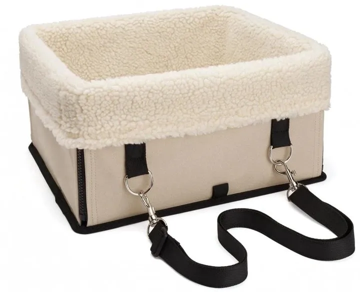 Foldable pet car seat bag in beige with lambswool lining and Oxford cloth exterior on car seat