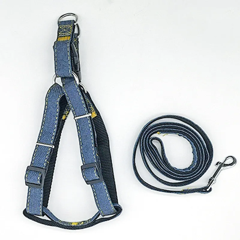 Dog walking traction rope harness in denim and nylon with 120cm rope, black colour, small to extra large sizes