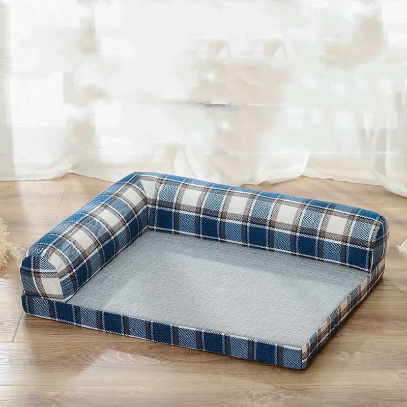 Removable washable linen dog sofa bed with fixed round headrest and foam cushion, blue check, size L