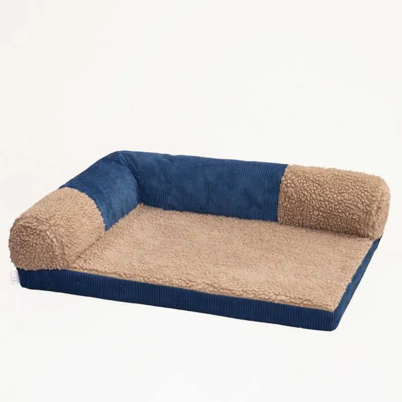 Removable washable linen dog sofa bed with fixed round headrest and foam cushion, blue check, size L