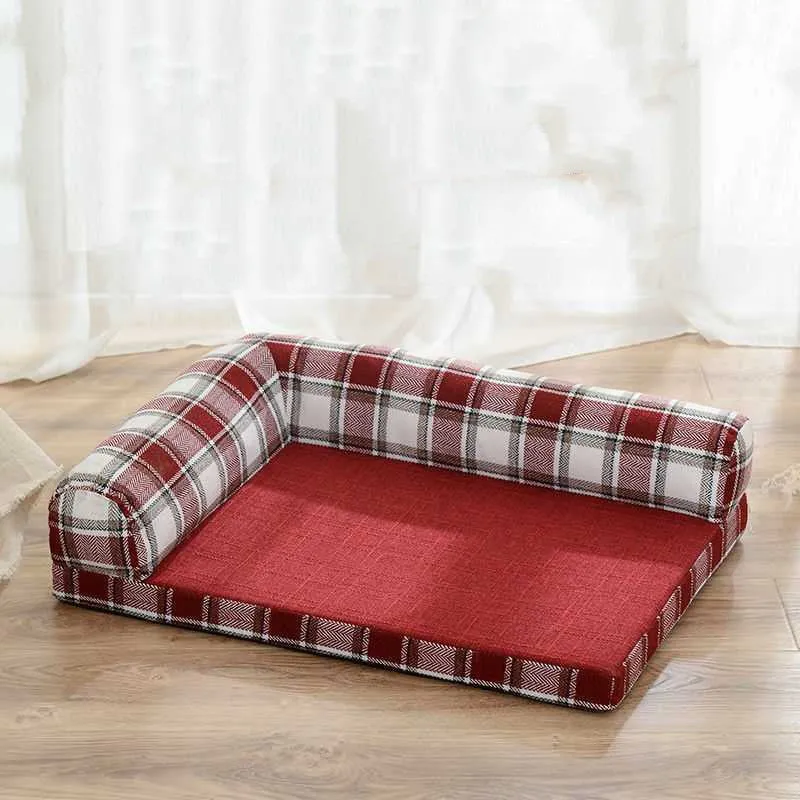Removable washable linen dog sofa bed with fixed round headrest and foam cushion, blue check, size L