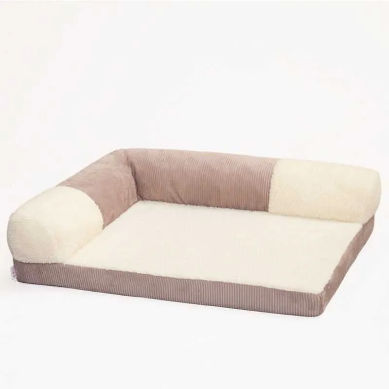 Removable washable linen dog sofa bed with fixed round headrest and foam cushion, blue check, size L