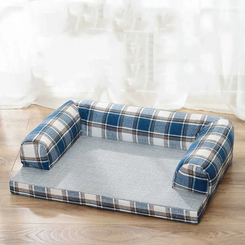 Removable washable linen dog sofa bed with fixed round headrest and foam cushion, blue check, size L