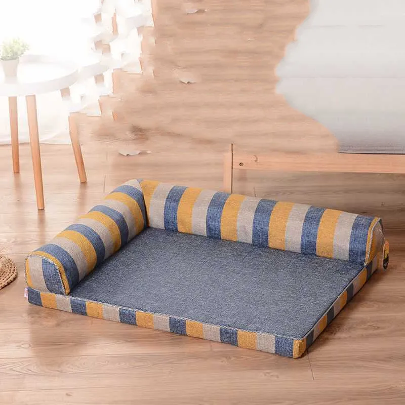 Removable washable linen dog sofa bed with fixed round headrest and foam cushion, blue check, size L